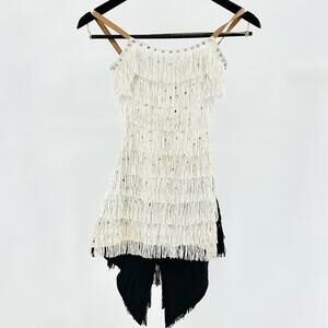 Vintage Custom Showgirl Fringe White Black Rhinestone Tuxedo Tails Bodysuit